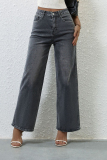 Dark Gray Gradient Print High Waist Pocket Straight Casual Distressed Denim Jeans