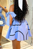 Blue Stripe Print Sleeveless Strap Design Vacation A Line Pleated Halter Mini Dresses