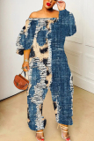 Blue Faux Denim Print Off Shoulder Long Sleeve Casual Vacation Harem Leg Jumpsuits