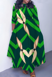 White Blue Graphics Print O Neck 3/4 Sleeve Belted Pockets Long Vacation Casual Pleated A Line Maxi Dresses