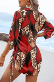 Blue Geometric Print V Neck Long Sleeve Draw String Casual Vacation Blouse