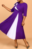 Purple 3D Flowers Decor O Neck Half Sleeve Formal Office Lady Casual Plus Size A Line Pleated Maxi Dresses