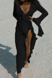 Black Long Sleeve Ruffled Trim High Slit Beach Vacation Swimwears Cover Up