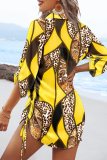 Blue Geometric Print V Neck Long Sleeve Draw String Casual Vacation Blouse