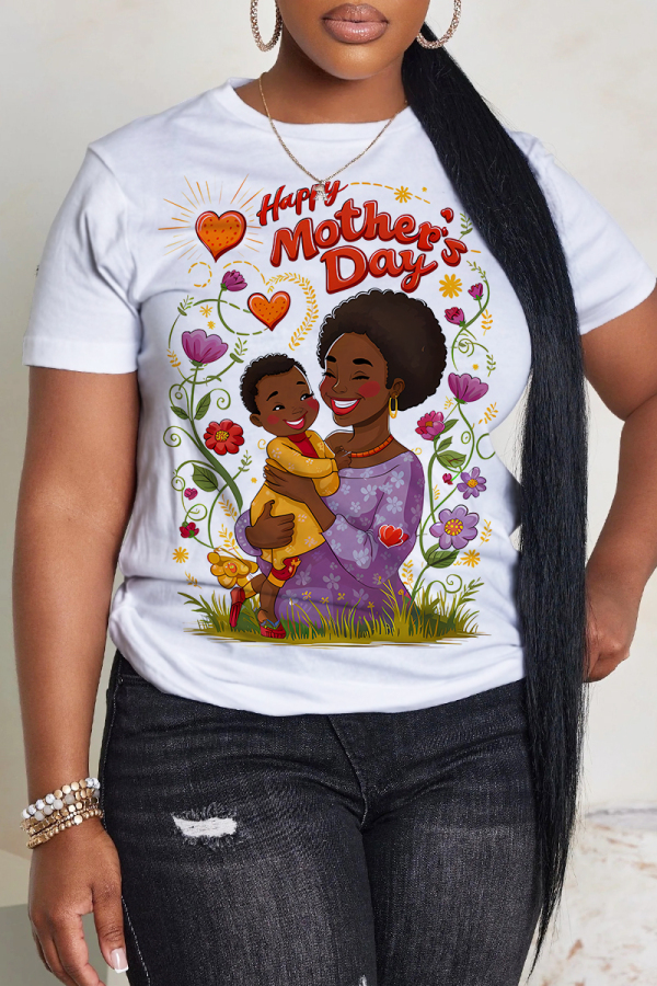 White Purple Figure Printed O Neck Short Sleeve Oversize Graphics T-Shirts