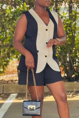 Black White V Neck Sleeveless Buckle Vest And Shorts Formal Office Lady Casual Two Pieces Suit Set