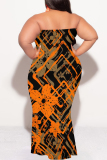 Blue Colorblock Colored Camouflage Print Diamonds Sleeveless Strapless Plus Size Bodycon Tube Maxi Dresses