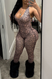 Brown Leopard Print Sleeveless Backless Halter Skinny Jumpsuits