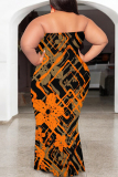 Blue Colorblock Colored Camouflage Print Diamonds Sleeveless Strapless Plus Size Bodycon Tube Maxi Dresses