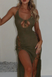 Army Green Backless Sleeveless Strap Design Hollow Out Slit Casual Vacation Halter Maxi Dresses