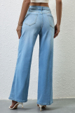 Dark Gray Gradient Print High Waist Pocket Straight Casual Distressed Denim Jeans