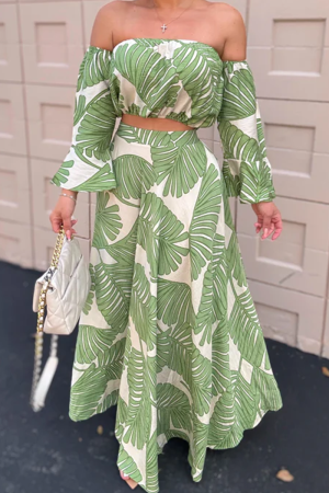 Green Leaf Print Long Sleeve Off Shoulder Crop Tops And Pleated Maxi Skirt Vacation Casual Two Pieces Dress Sets