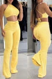 Yellow Backless Sleeveless O Neck Crop Tops And Strap Design Pants Casual Two Pieces Trouser Sets