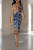 Leopard Faux Denim Print U Neck Sleeveless Casual Outing Distressed Bodycon Pencil Maxi Dress