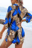 Blue Geometric Print V Neck Long Sleeve Draw String Casual Vacation Blouse