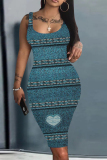 Navy Blue Graphics Print Sleeveless U Neck Knee Length Casual Outing Bodycon Vest Midi Dress