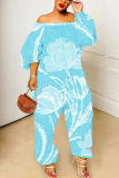 Blue Graphics Print Off Shoulder Long Sleeve Casual Vacation Harem Leg Jumpsuits