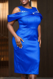 Blue O Neck Short Sleeve Slit Formal Evening Party Prom Bodycon Midi Dresses