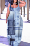 Blue Khaki Faux Denim Print Backless Spaghetti Strap Sleeveless Vacation Loose Long Maxi Slip Dresses