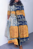Blue Khaki Faux Denim Print O Neck 3/4 Sleeve Belted Pockets Long Vacation Casual Pleated A Line Maxi Dresses