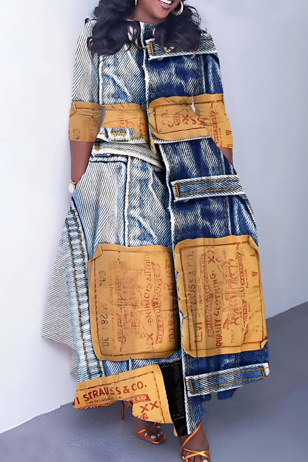 Blue Khaki Faux Denim Print O Neck 3/4 Sleeve Belted Pockets Long Vacation Casual Pleated A Line Maxi Dresses