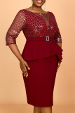 Claret Sequins O Neck Half Sleeve See-Through Slit Formal Office Lady Plus Size Bodycon Midi Dresses