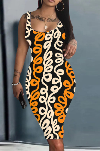 Multicolor Graphics Print Sleeveless U Neck Knee Length Casual Outing Bodycon Vest Midi Dress