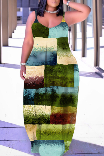 Green Graphics Print Backless Spaghetti Strap Sleeveless Vacation Loose Long Maxi Slip Dresses