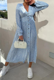 Pink Floral Print V Neck Long Sleeve Vacation A Line Maxi Shirt Dresses
