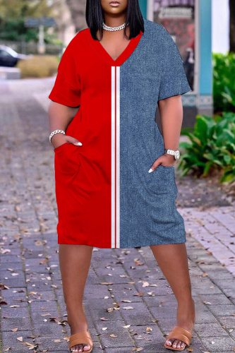 Red Blue Casual Graphics Print Basic V Neck Short Sleeve Loose Pockets Midi T-Shirt Dress Red Blue Casual Graphics Print Basic V Neck Short Sleeve Loose Pockets Midi T-Shirt Dress