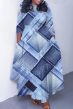 Blue Khaki Faux Denim Print O Neck 3/4 Sleeve Belted Pockets Long Vacation Casual Pleated A Line Maxi Dresses