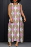White Blue Graphics Print Sleeveless O Neck Casual Vacation Maxi Tank Dresses