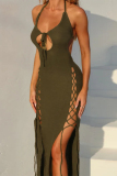 Army Green Backless Sleeveless Strap Design Hollow Out Slit Casual Vacation Halter Maxi Dresses