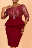 Claret Sequins O Neck Half Sleeve See-Through Slit Formal Office Lady Plus Size Bodycon Midi Dresses