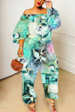 Blue Graphics Print Off Shoulder Long Sleeve Casual Vacation Harem Leg Jumpsuits