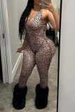 Brown Leopard Print Sleeveless Backless Halter Skinny Jumpsuits
