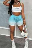 Blue Gradient Print Straight Mid Waist Draw String Pocket Casual Sportwear Shorts
