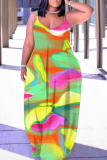 Yellow Green Graphics Print Backless Spaghetti Strap Sleeveless Vacation Loose Long Maxi Slip Dresses