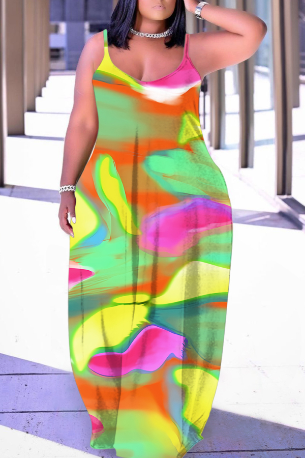 Yellow Green Graphics Print Backless Spaghetti Strap Sleeveless Vacation Loose Long Maxi Slip Dresses