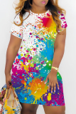 Multicolor Graphics Print O Neck Short Sleeve Casual Outing Mini T-shirt Dress