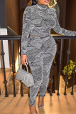 Silver Geometric Print O Neck Long Sleeve Crop Tops And Skinny Pants Casual Two Pieces Trouser Sets