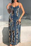 Blue Khaki Faux Denim Print Sleeveless U Neck Spaghetti Strap Casual Outing Vacation Loose Maxi Slip Dresses