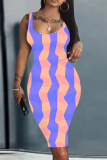 Blue Graphics Print Sleeveless U Neck Knee Length Casual Outing Bodycon Vest Midi Dress