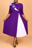 Purple 3D Flowers Decor O Neck Half Sleeve Formal Office Lady Casual Plus Size A Line Pleated Maxi Dresses