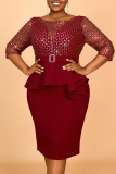 Claret Sequins O Neck Half Sleeve See-Through Slit Formal Office Lady Plus Size Bodycon Midi Dresses