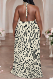 Beige Colorblock Chain Newspaper Print Backless Sleeveless Loose Plus Size Halter Maxi Dresses