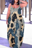 Blue Khaki Faux Denim Print Backless Spaghetti Strap Sleeveless Vacation Loose Long Maxi Slip Dresses