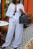 Blue Stripe Print Shirt Collar Half Sleeve Buckle Blouse And Wide Leg Pants Casual Vacation Two Pieces Trouser Sets