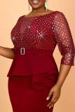 Claret Sequins O Neck Half Sleeve See-Through Slit Formal Office Lady Plus Size Bodycon Midi Dresses