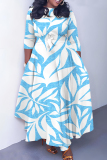 White Blue Graphics Print O Neck 3/4 Sleeve Belted Pockets Long Vacation Casual Pleated A Line Maxi Dresses